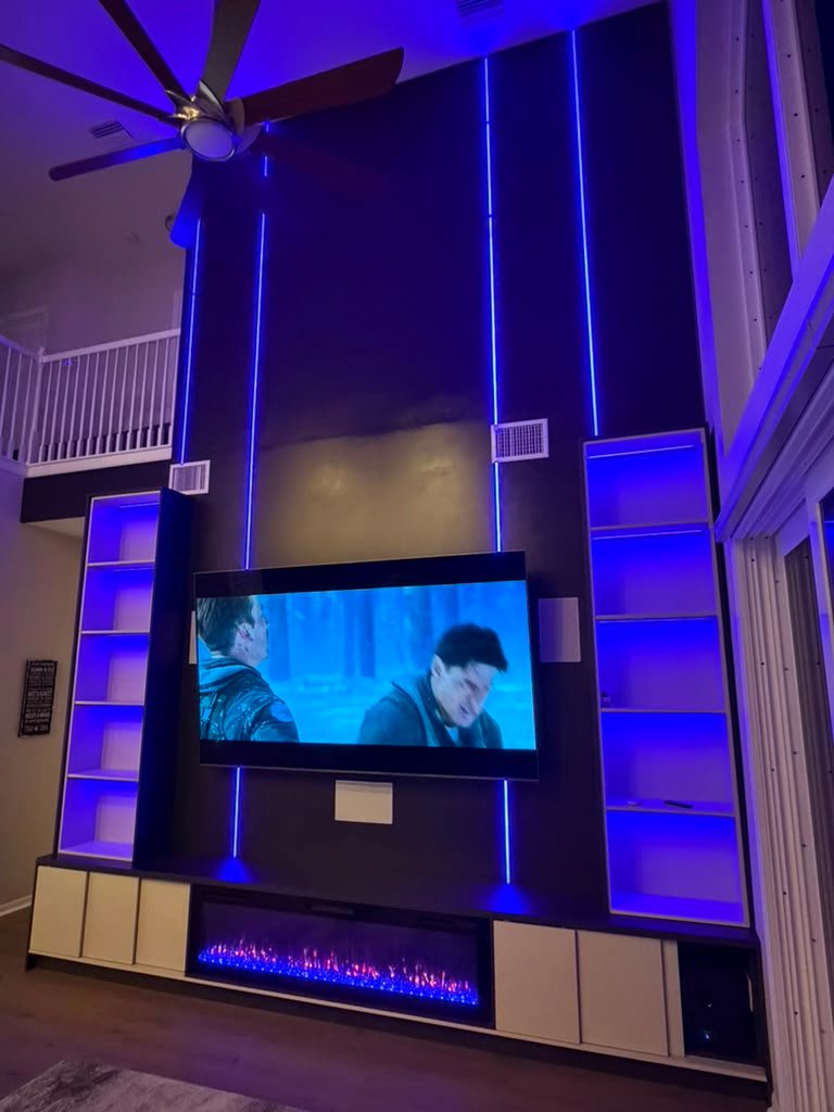 Two-story entertainment wall, after
